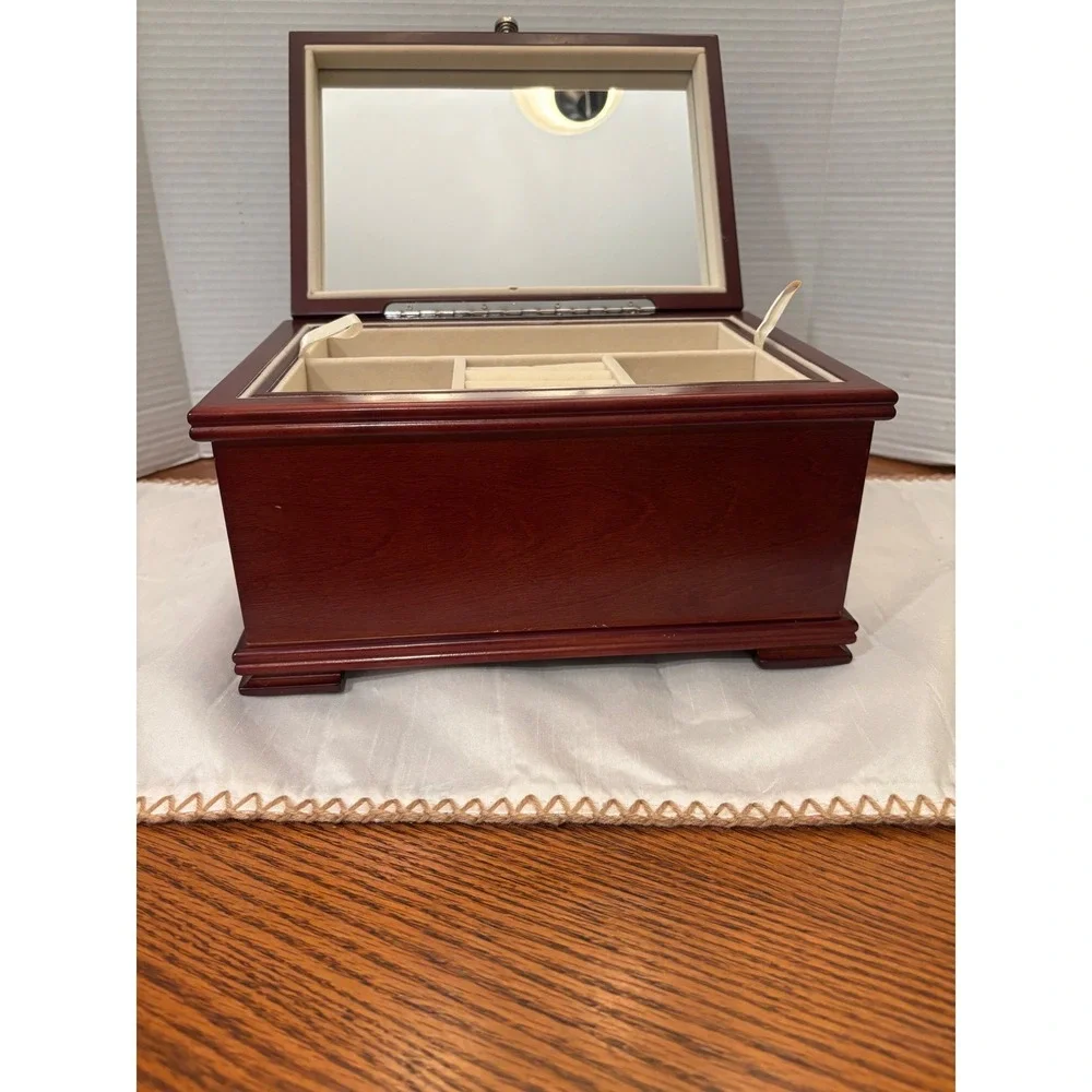 Reed & Barton Mahogany Finish Wood Jewelry Box Mirror Removable Tray Footed 2010